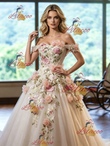 Ivory Tulle Off the Shoulder Appliques Wedding Dress