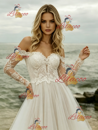 Beige White Lace Long Sleeve Wedding Dress