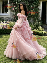 Pink Tulle Long Sleeve 3D Flower Quinceanera Dress