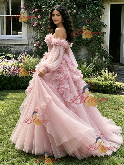 Pink Tulle Long Sleeve 3D Flower Quinceanera Dress