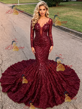 Burgundy Sequins Long Sleeve Prom Dress