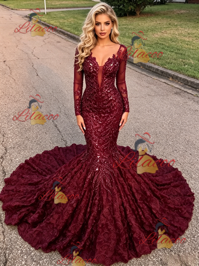 Burgundy Sequins Long Sleeve Prom Dress