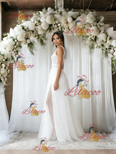 White Tulle Lace Split Wedding Dress