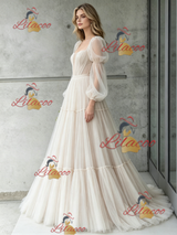 Ivory Tulle Long Sleeve Pleats Wedding Dress