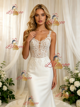 White Satin Lace Straps Wedding Dress