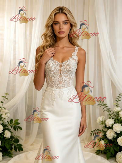 White Satin Lace Straps Wedding Dress