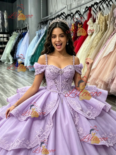 Purple Tulle Spaghetti Straps Appliques Quinceanera Dress