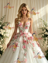 White Tulle Lace Straps 3D Appliques Wedding Dress