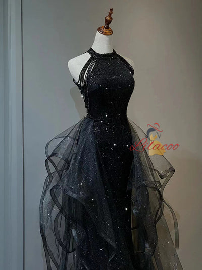 Black Sequins Halter Beading Prom Dress