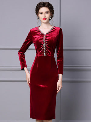 Burgundy Velvet Long Sleeve Beading Mother Of The Bride Dress