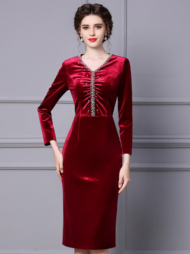 Burgundy Velvet Long Sleeve Beading Mother Of The Bride Dress