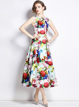 Sleeveless Round Neck Waist Slim Printed Dress