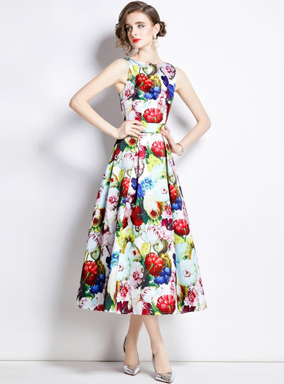 Sleeveless Round Neck Waist Slim Printed Dress
