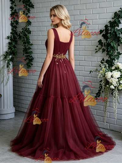 Burgundy Tulle Straps Pleats Prom Dress