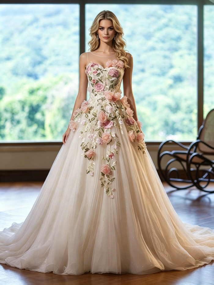 Ivory Tulle Scoop Neck Appliques Wedding Dress