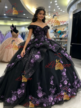 Black Tulle Sequins Off the Shoulder 3D Appliques Quinceanera Dress
