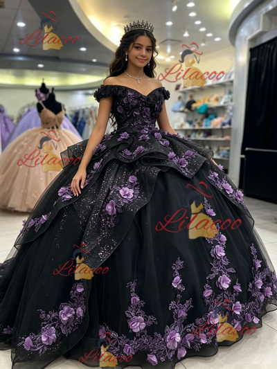 Black Tulle Sequins Off the Shoulder 3D Appliques Quinceanera Dress