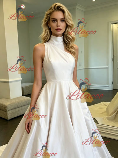 White Satin High Neck Wedding Dress
