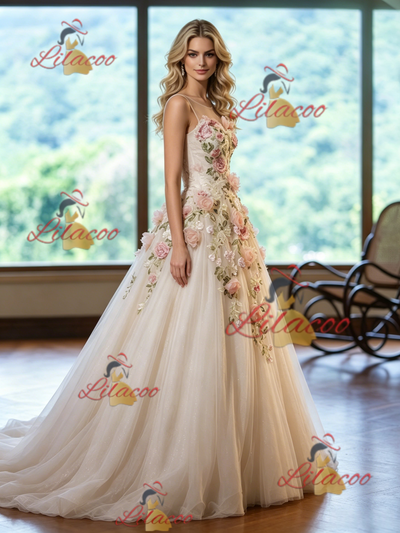 Ivory Tulle Scoop Neck Appliques Wedding Dress