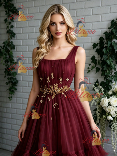Burgundy Tulle Straps Pleats Prom Dress