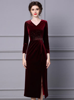 Burgundy Velvet Beading Mother Of The Bride Dress