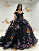 Black Tulle Sequins Off the Shoulder 3D Appliques Quinceanera Dress