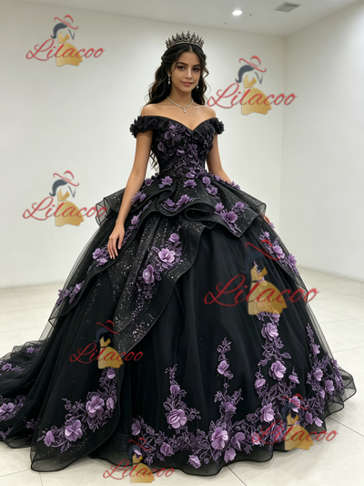 Black Tulle Sequins Off the Shoulder 3D Appliques Quinceanera Dress