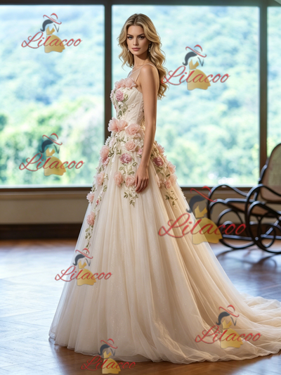 Ivory Tulle Scoop Neck Appliques Wedding Dress