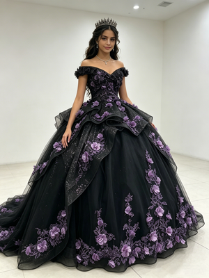 Black Tulle Sequins Off the Shoulder 3D Appliques Quinceanera Dress