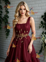 Burgundy Tulle Straps Pleats Prom Dress