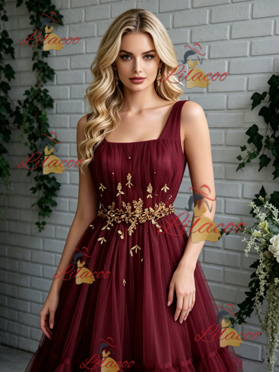 Burgundy Tulle Straps Pleats Prom Dress