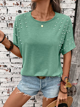 Solid Color Beaded Round Neck T-shirt