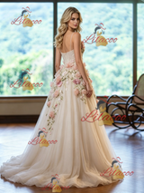 Ivory Tulle Scoop Neck Appliques Wedding Dress