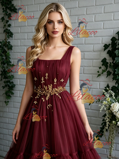 Burgundy Tulle Straps Pleats Prom Dress