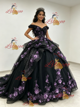 Black Tulle Sequins Off the Shoulder 3D Appliques Quinceanera Dress