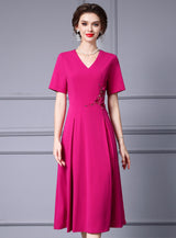 Fuchsia Short Sleeve V-neck Mother Of The Bride Dress