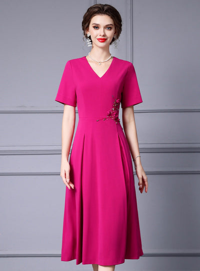 Fuchsia Short Sleeve V-neck Mother Of The Bride Dress