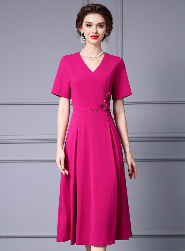 Fuchsia Short Sleeve V-neck Mother Of The Bride Dress