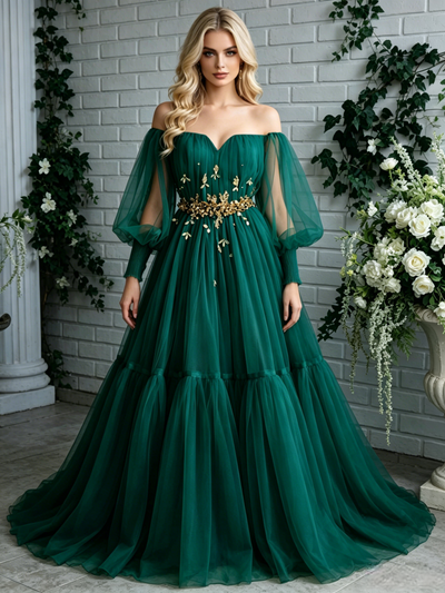 Green Tulle Long Sleeve Pleats Prom Dress