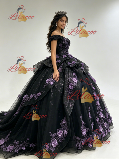 Black Tulle Sequins Off the Shoulder 3D Appliques Quinceanera Dress