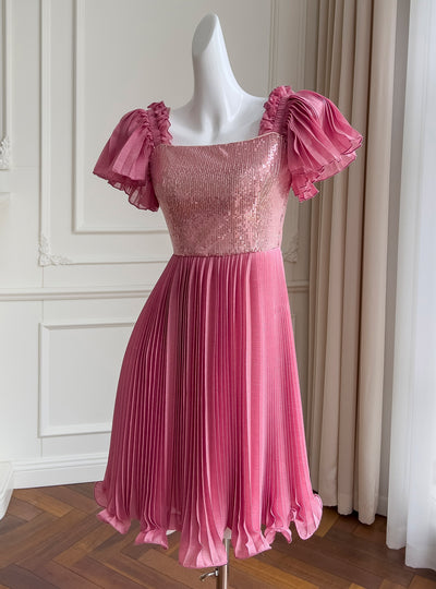 Rose Red Bubble Sleeve Sequins Dress
