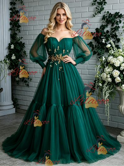 Green Tulle Long Sleeve Pleats Prom Dress