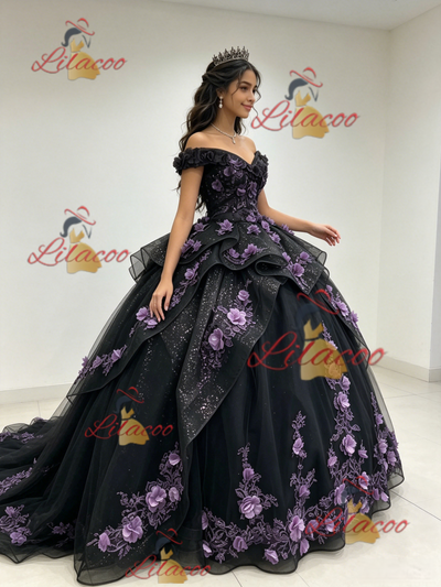 Black Tulle Sequins Off the Shoulder 3D Appliques Quinceanera Dress