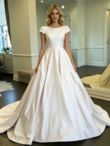 White Satin Scoop Neck Cap Sleeve Wedding Dress