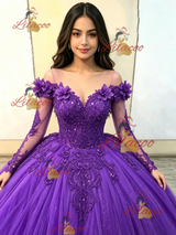 Purple Tulle Long Sleeve Appliques Quinceanera Dress