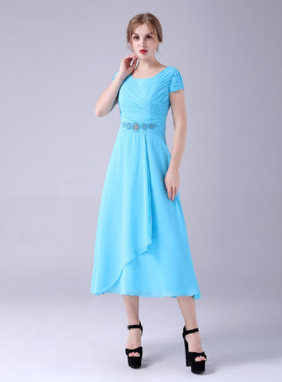 Blue Chiffon Pleats Beading Mother Of The Bride Dress