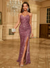 Purple Sequins Sapghetti Straps Split Prom Dress