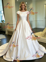 White Satin Scoop Neck Cap Sleeve Wedding Dress