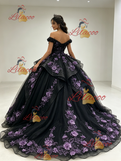 Black Tulle Sequins Off the Shoulder 3D Appliques Quinceanera Dress