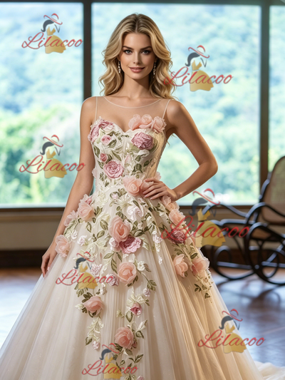 Ivory Tulle Scoop Neck Appliques Wedding Dress